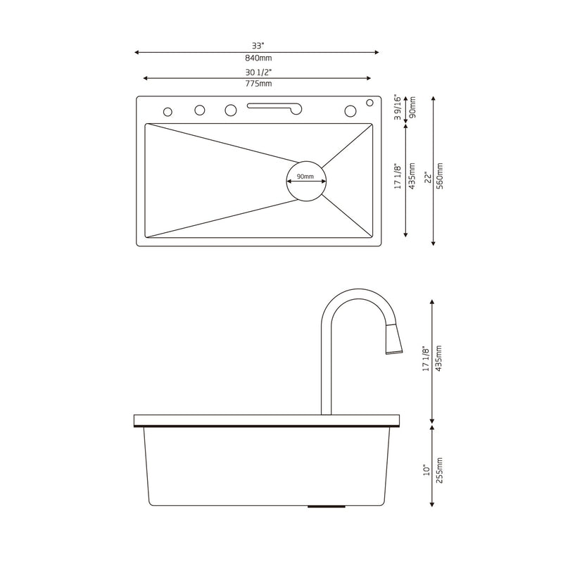 Lefton 33 x 22 inch Stainless Steel Single Bowl Large Kitchen Sink with Digital Temperature Display & LED Lighting-KS2206L