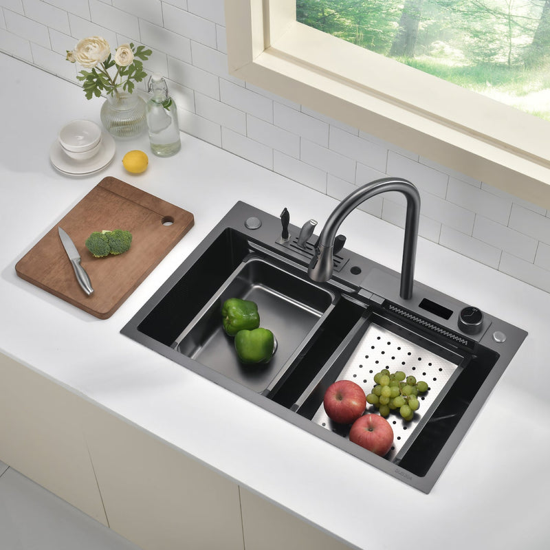Lefton Waterfall Workstation Kitchen Sink Set With Digital Temperature Display & Knife Holder-KS2204
