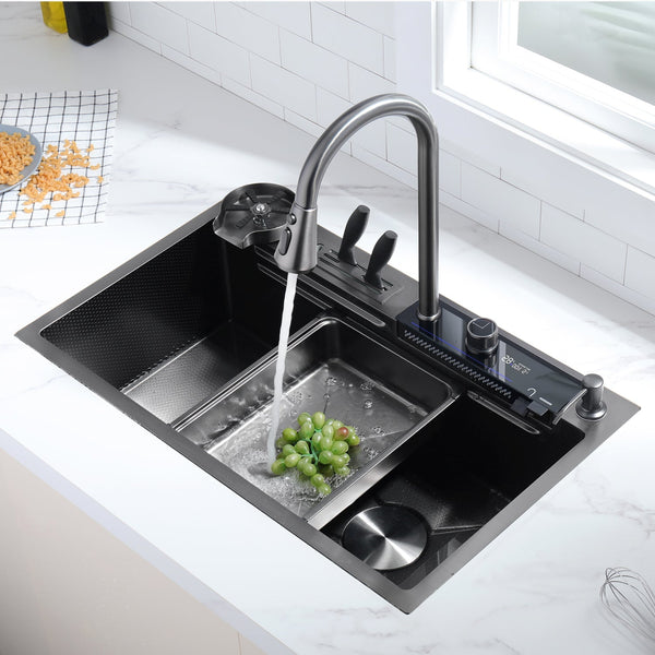 Lefton Waterfall Workstation Kitchen Sink Set Digital Temperature Display & LED Lighting-KS2205