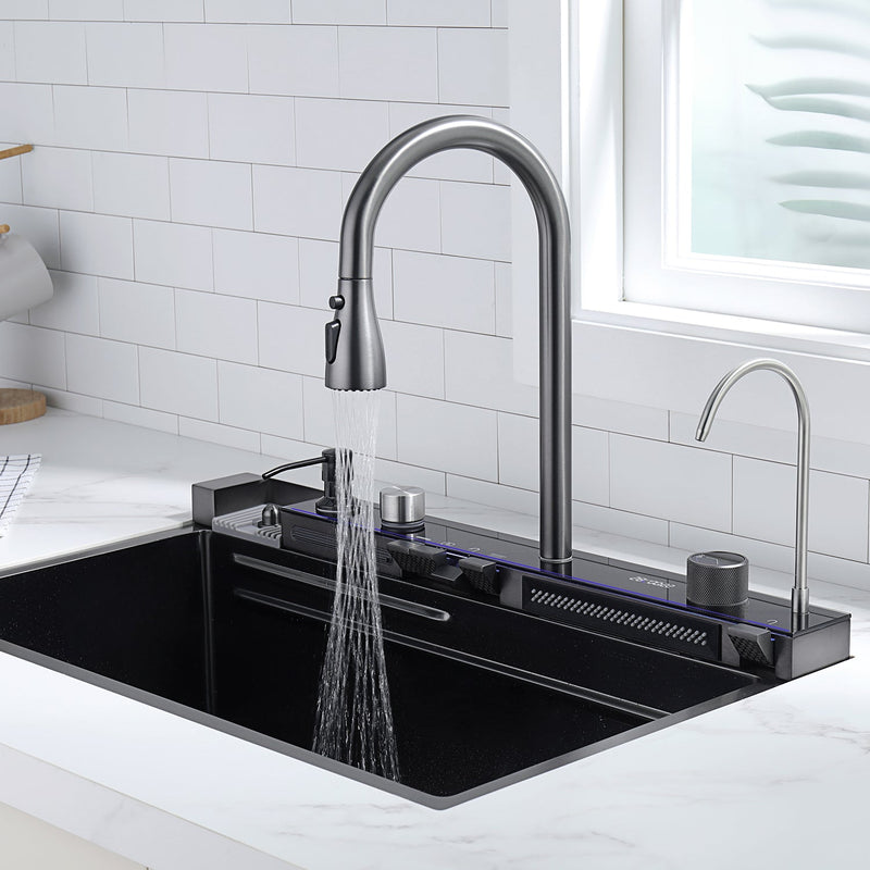 Lefton Two Waterfall Faucets Kitchen Sink with Digital Temperature Display & LED Lighting-KS2206