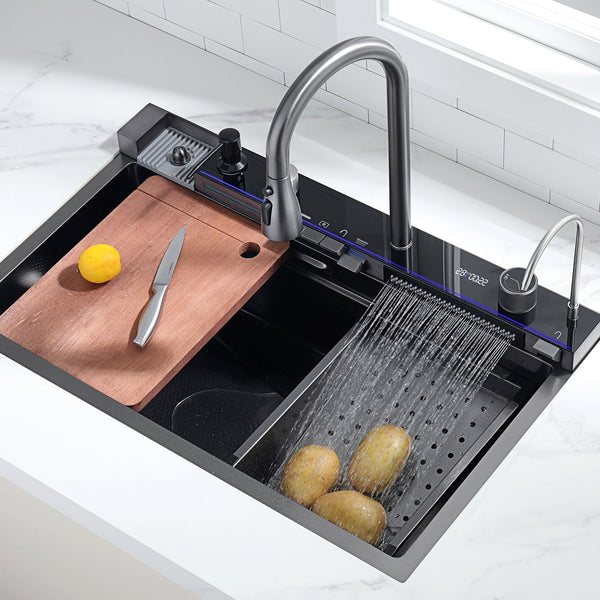 Lefton Two Waterfall Faucets Kitchen Sink with Digital Temperature Display & LED Lighting-KS2206