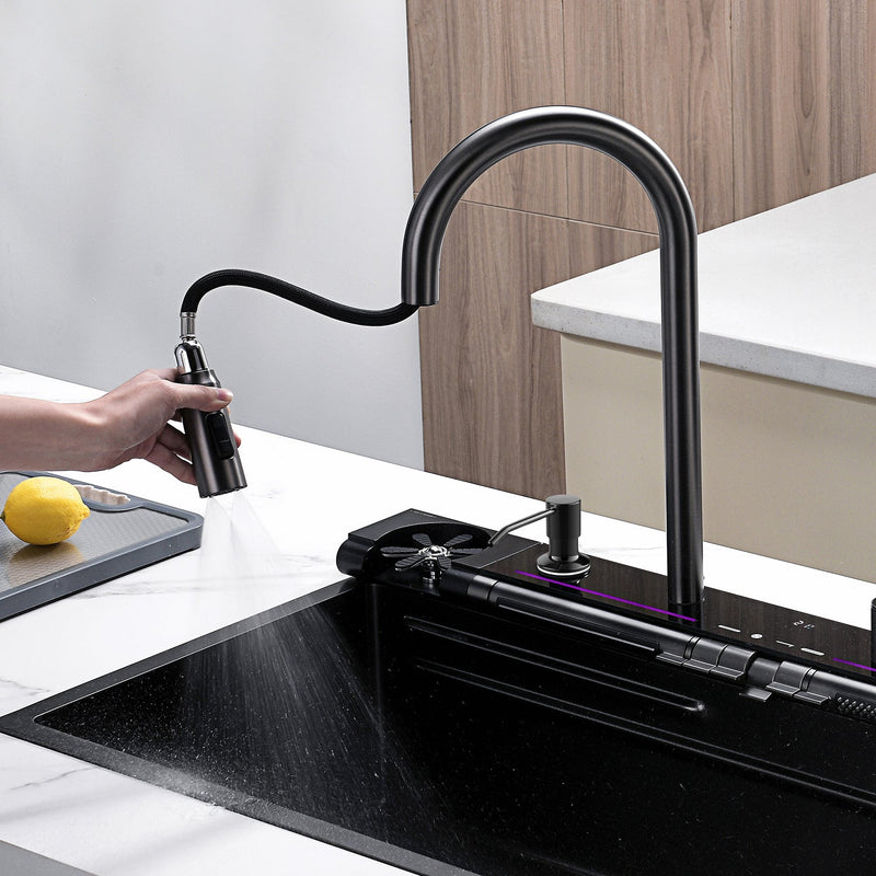 Lefton Adjustable Waterfall Faucet Kitchen Sink with Digital Temperature Display & LED Lighting-KS2207